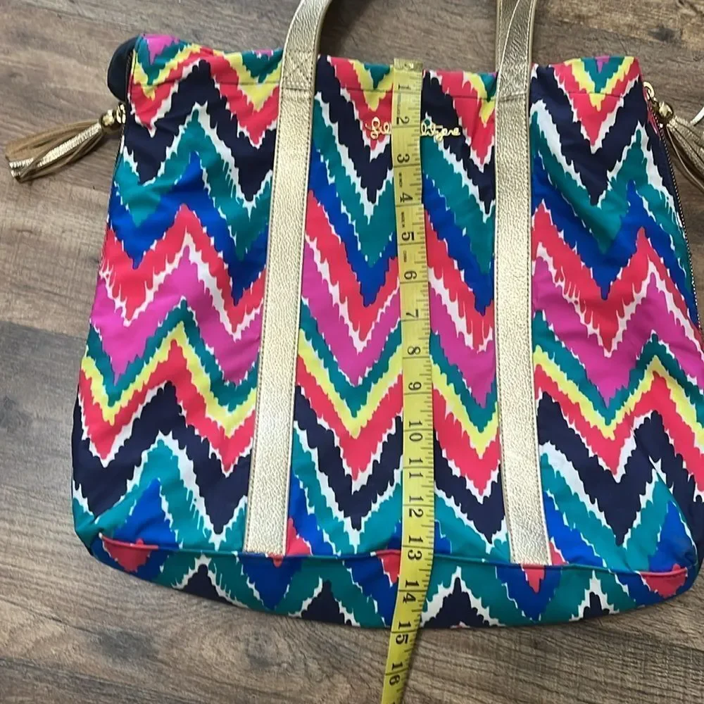 Lilly Pulitzer Hearts A Flutter Multi Chevron Shopper Tote Bag Expandable Tassel